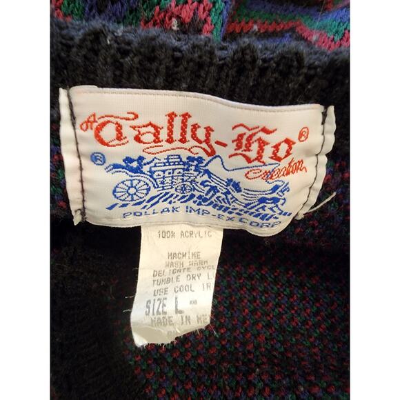 TALLY HO VTG Blue Red Green Chevron Print Button Up Waist Length Cardigan LARGE - Picture 4 of 7